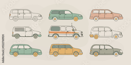 Collection of Illustrated Minivans and Vans in Various Colors Featuring Outlined Style and a Neutral Background Perfect for Transportation and Automotive Themed Designs