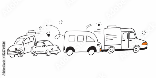 Hand Drawn Car Lineup Illustration with a Taxi Small Car Van and Delivery Truck in a Simple Black and White Style with Decorative Sparkles