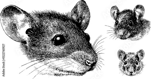 Detailed engraved illustrations of mice with expressive eyes for artistic projects