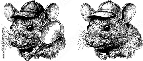Engraved illustration of detective mouse with magnifying glass for mystery themes
