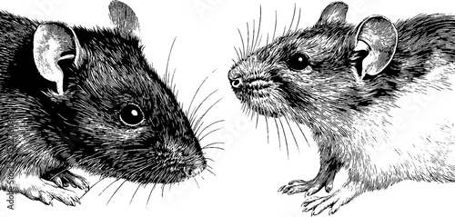 Engraved animal illustration of mice with detailed whiskers for nature art