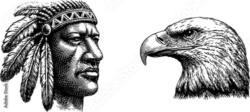 Engraved illustrations of native american totem with eagle and indigenous person