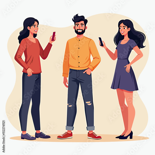 Colorful flat vector depicting a character customization screen with menu options for hairstyle, clothes, and items, ideal for illustrating game UI, metaverse onboarding, or user profile editing conce
