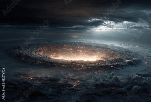 Glowing Celestial Body Aerial View Dark Cosmic Clouds and Bright Core