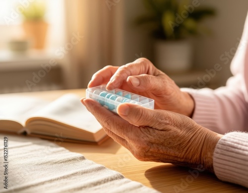Senior person using a pillbox during morning routine.