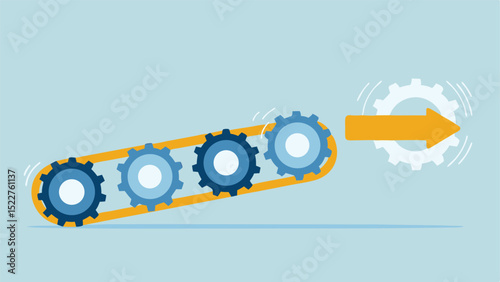 Illustration of a conveyor belt with gears and an arrow on a light blue background
