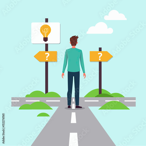 A flat vector illustration of a person standing at a crossroads surrounded by signposts, question marks, and a glowing light bulb, symbolizing decision-making, future planning, and life direction unce