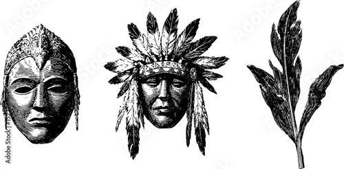 Engraved illustrations of native american totems and feathers for cultural design