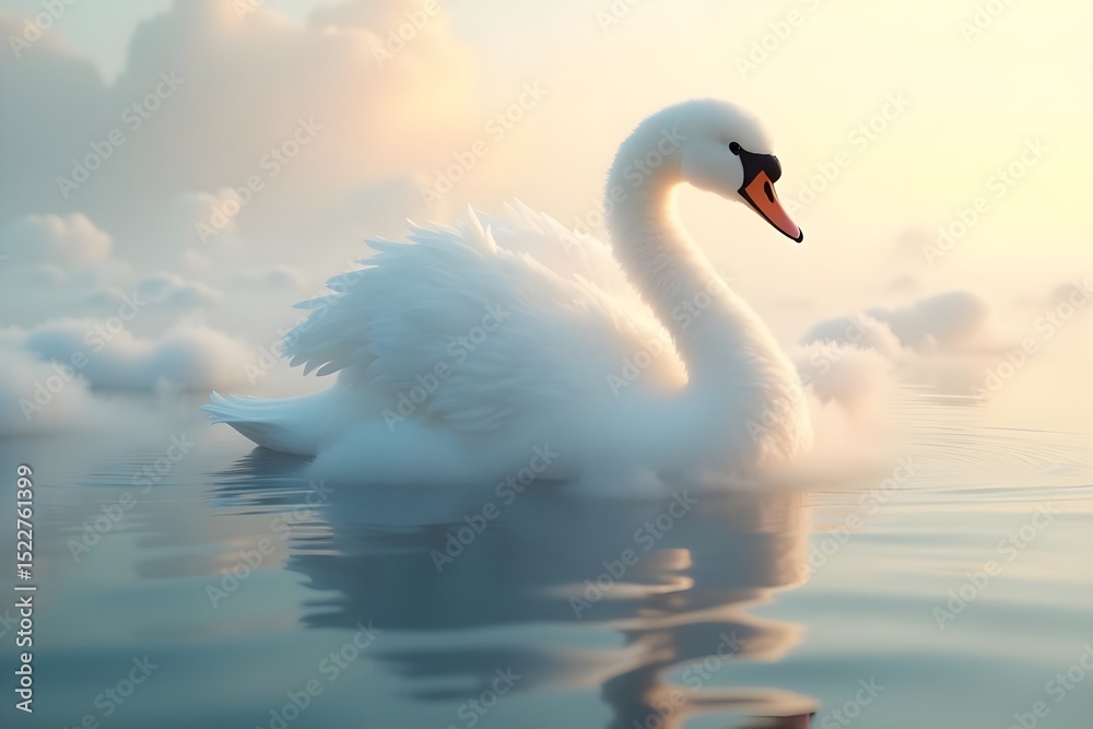 Fototapeta premium Serene Swan-Shaped Cloud Gliding Over a Misty Dawn Lake in Soft Sunlight