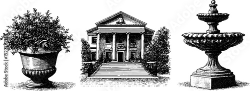 Neoclassical villa with elegant architecture, fountains, and ornamental plants for design and decoration