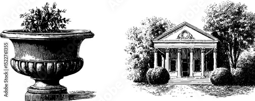 Engraved illustration of neoclassical villa and garden urn for architectural design use