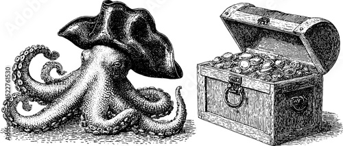Nautical adventures with octopus pirate and treasure chest illustration for artistic design