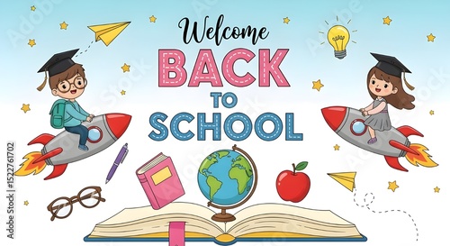 Cartoon “Welcome Back to School” with Kids on Rockets and Open Book Illustration