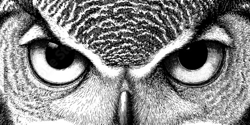 Engraved owl illustration set featuring blinking eye