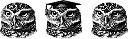 Academic owls engraving set with graduation cap for educational design