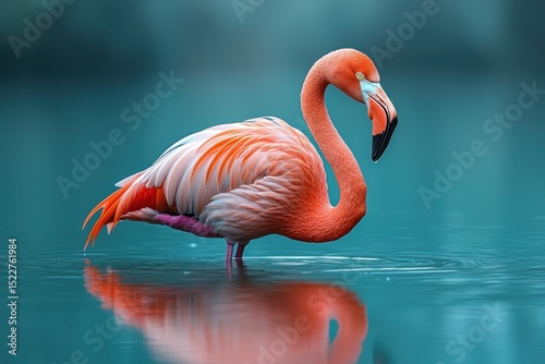 Vibrant pink flamingo standing in calm turquoise water with perfect reflection and smooth gradient background Generative AI