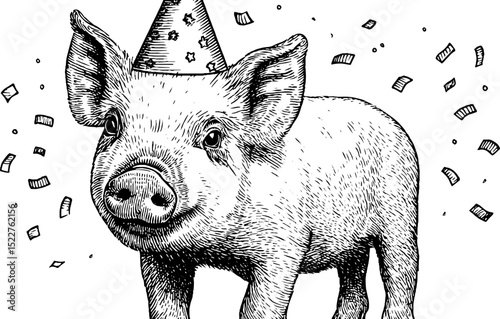 Vintage engraved piglet at birthday celebration with festive hat and confetti