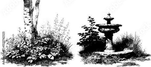 Vintage prairie wildflower engraving with classic garden fountain design