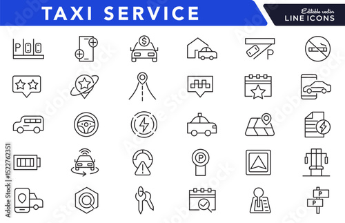Taxi cab, car service line icon set. Rideshare, travel driver, passenger, taxi app, fare, Hail a Cab, location, rent a car, vector icon collection. UI outline icon pack