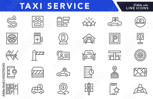 Taxi cab, car service line icon set. Rideshare, travel driver, passenger, taxi app, fare, Hail a Cab, location, rent a car, vector icon collection. UI outline icon pack