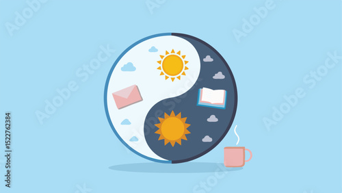Yin yang symbol showing day and night with sun, clouds, letter, book, and a cup on a blue background