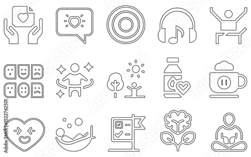 Wellness and mental health outline icon set with yoga, therapy, music, and self care elements