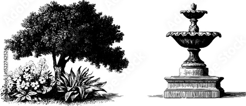 Elegant botanical and architectural engraving featuring queen anne's flower bed and decorative fountain design