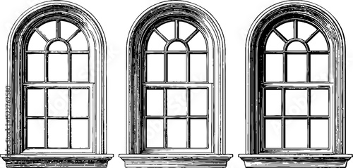 Engraved illustration set of queen anne windows for architectural design and decorative art