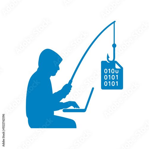 illustration of a hooded hacker using a laptop and fishing a binary file with a hook. Concept of phishing, cyber attack, and data theft. White background.