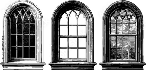 Vintage engraved illustration of queen anne style windows for architecture design