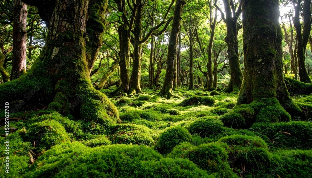 Fototapeta premium Magic beauty of green forest nature trees covered with moss