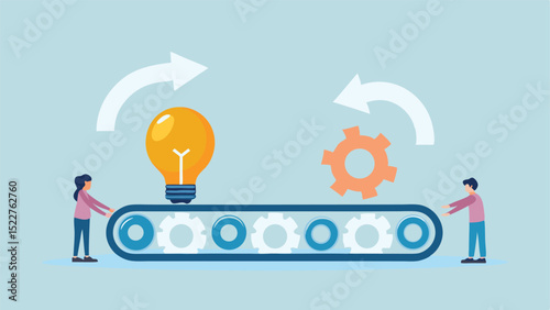 Illustration of a lightbulb and gear on a conveyor belt with two people and arrows above them