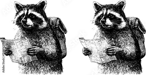 Engraved illustration of raccoon explorer with backpack holding a map