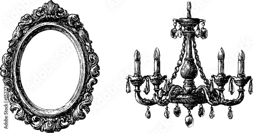 Intricate renaissance carved frame and chandelier engraving set for classic design
