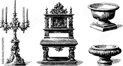 Exquisite renaissance engravings of ornate candelabra and decorative bowls