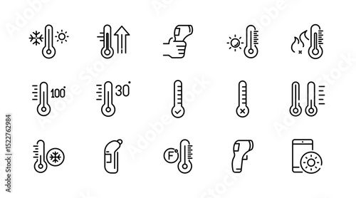 Temperature linear icon set. Weather, thermometer, Celsius, Fahrenheit, degree, fire, heat, sun, clouds, warm, cold, hot, temperature Scale, outline icon collection. UI thin vector icon pack