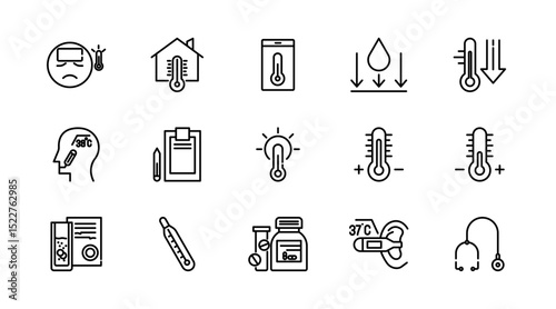 Temperature linear icon set. Weather, thermometer, Celsius, Fahrenheit, degree, fire, heat, sun, clouds, warm, cold, hot, temperature Scale, outline icon collection. UI thin vector icon pack