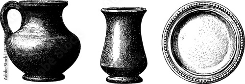 Engraved illustration of roman ceramic jug and plate set for historical design