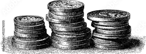 Engraved illustration of a set of roman coin stacks with detailed design