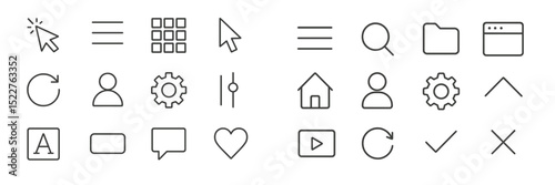 Various outline icons showing digital interface elements arranged in a grid format for user interface design