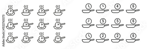Cooking process illustrations showing timers and pans with different durations for various recipes and dishes in a kitchen setting