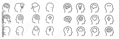 Illustrations of human thought processes and emotions represented through various symbols and icons in a minimalistic style