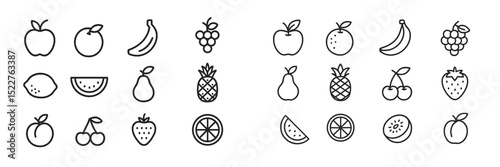 Collection of hand-drawn fruit icons including apples, bananas, and berries on a white background suitable for design projects