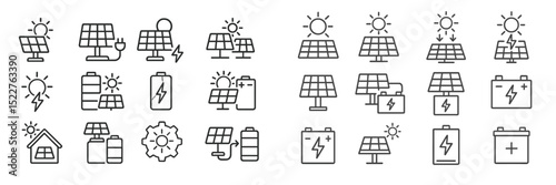 Various solar energy icons representing sustainable energy practices and technologies for modern homes and devices