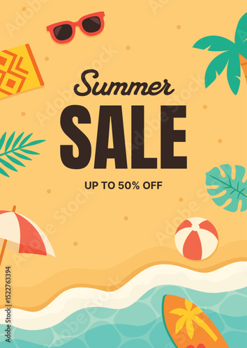 Summer sale poster illustration. Colorful vector design with tropical leaves, beach elements, and modern typography promoting seasonal discounts and shopping events.