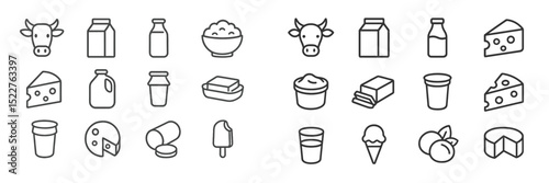 Collection of dairy icons including cow, milk, cheese, and yogurt in a minimalist design suitable for food-related projects