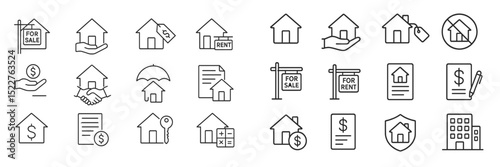 Real estate icons illustrating home sale and rental processes in a professional setting with various property-related elements