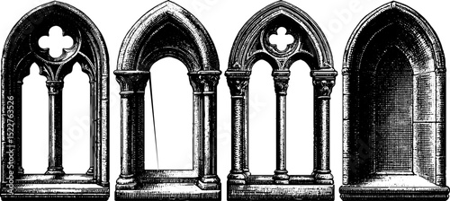 Engraved romanesque window set for historical design and architectural study