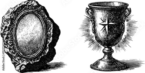 Engraved illustration set of runic keystone and decorative chalice design