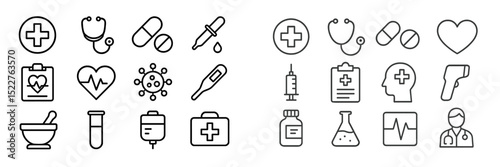 Medical icons representing healthcare, treatment, and wellness in modern graphic design